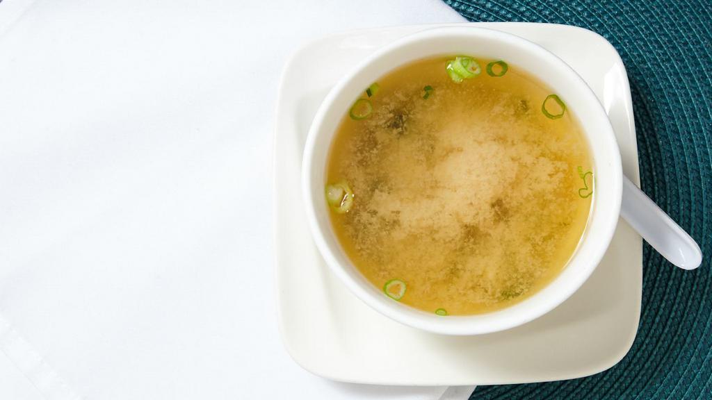 Miso Soup · Soybean paste soup with bean curd, seaweed, and scallion.