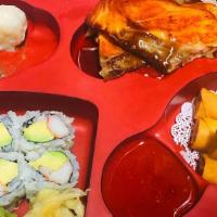 Teriyaki Bento Box · Served with shumai, California roll, spring roll, rice, and choice of a side.