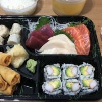 9 Piece Sashimi Bento Box · Served with shumai, California roll, spring roll, rice, and choice of a side.