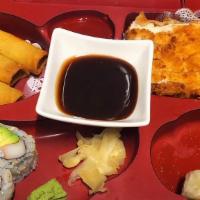 Katsu Bento Box · Served with shumai, California roll, spring roll, rice, and choice of a side.