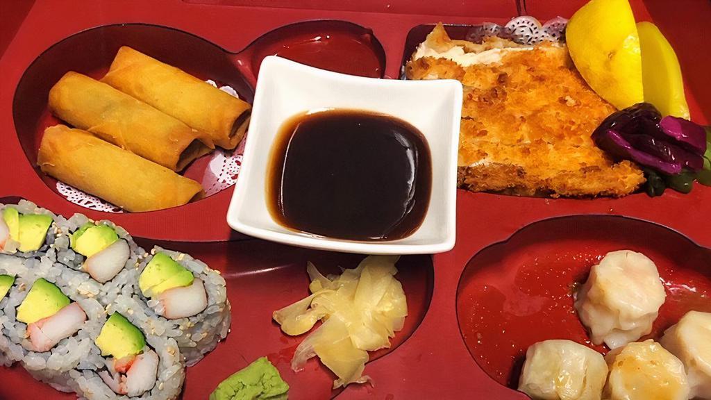 Katsu Bento Box · Served with shumai, California roll, spring roll, rice, and choice of a side.
