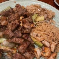 Hibachi Shrimp · Edo chicken, beef broth soup, house salad with ginger dressing,  vegetables, noodles, and st...