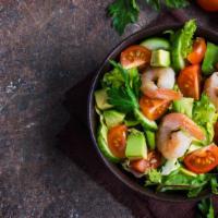 Shrimp Greek Salad · Healthy mix of juicy shrimp, black olives, feta cheese, cucumbers and balsamic vinegar.