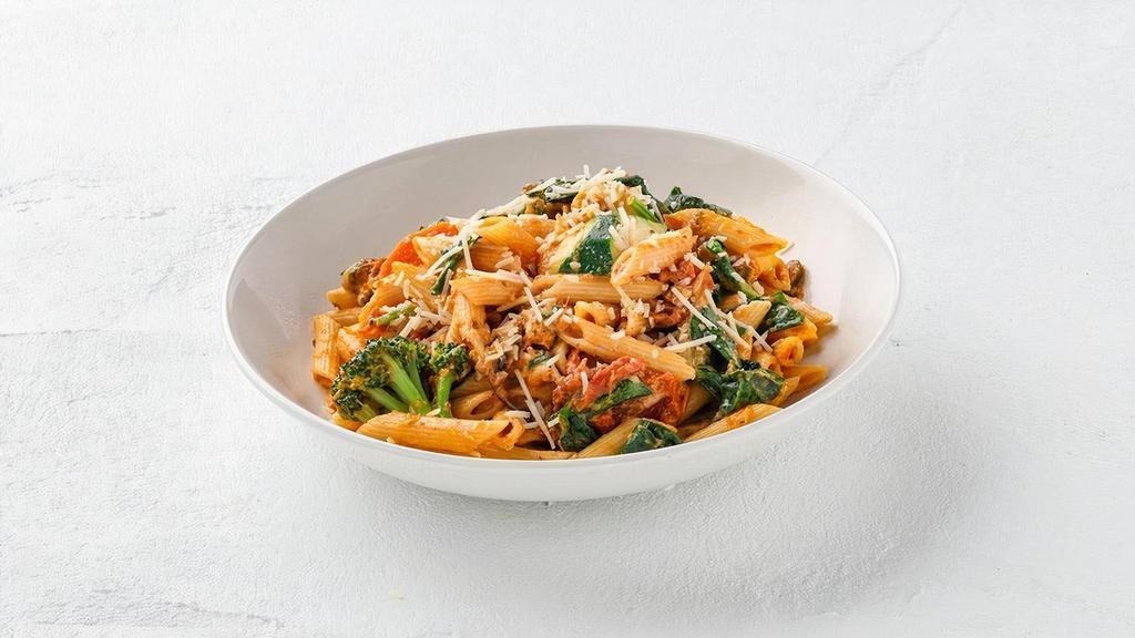 Fresh Vegetable Penne  · Penne pasta tossed with fresh vegetables, roasted tomatoes, portabella mushrooms and spinach in our smokey tomato sauce, with a sprinkle of fresh basil.