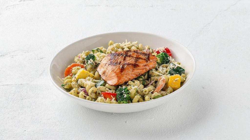 Salmon Cavatappi  · Wood grilled salmon on corkscrew-shaped cavatappi pasta, fresh vegetables, roasted tomatoes, sauteed portabella mushrooms and fresh spinach, tossed in our pesto cheese sauce with grated Parmesan and fresh basil.