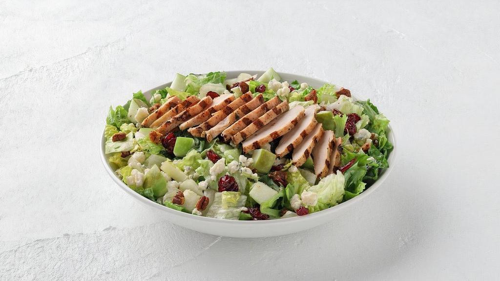 Harvest Chicken Salad · Mixed greens, bleu cheese, spiced pecans, Granny Smith apples, dried cranberries and grilled chicken, raspberry vinaigrette. Dressing served on side.