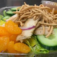 Chopped Chicken Chow Mein Salad · Grilled Chicken over chopped romaine, with sliced cucumber, mandarin oranges, red onion, cri...