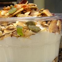 Yogurt Parfait · Non-fat vanilla greek yogurt, house-made granola (contains almonds).