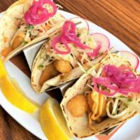 Tacos Camaron Cancun / Shrimp · 3 soft flour Tortillas stuffed with Breaded Shrimp topped with Chipotle/Mayo, Green Cabbage,...