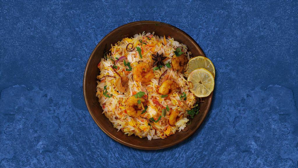 Shrimp Bayside Biryani · Aromatic rice flavored with shrimp, fragrant with saffron, garnished with raisins and cashews