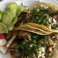 3- Tex Mex Pollo Fajita Tacos · Chicken with onions, mixed bell peppers in flour tortilla, lettuce, tomatoes, sour cream, an...