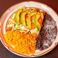 5 Tacos Dorados De Pollo/ Flautas Plate · 5 tacos dorados Of Chicken Topped with Lettuce, Sour Cream, Powder Cheese And Two Pieces Of ...