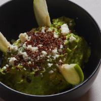 Guacamole · Avocado, cilantro, onion, chile serrano, queso fresco, crispy quinoa, tostadas
