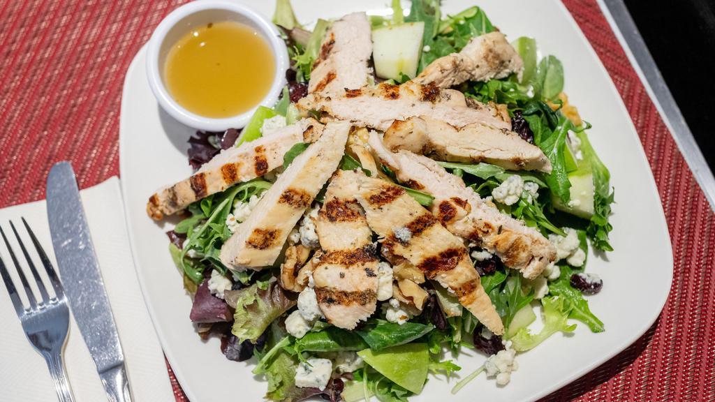 Grilled Chicken · Herb marinated grilled chicken topped with arugula, melted fontina cheese and shallot mayonnaise spread.