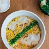 Oyako Don · Chicken, onion, egg rice bowl. Served with soup, pickle.
