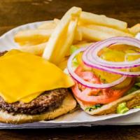 Cheese Burger Deluxe · Served with lettuce, tomatoes, pickles, and french fries.