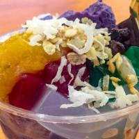 Halo-Halo (Frozen) · A Filipino Classic Frozen dessert made with shaved ice and various ingredients of coconut ge...