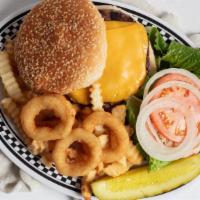 Cheese Burger · Deluxe burger served with French fries, Sweet potato fries, or waffle fries, onion rings, le...