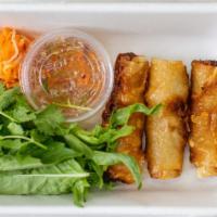 Crispy Spring Rolls (Gf) · (Cha Gio) Shrimp, pork, vegetables, lettuce, cilantro, mint, and nuoc mam sauce 

3 rolls