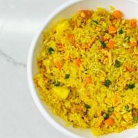 Fried Rice Curry (V) · Coconut, turmeric, holy basil, pineapple, carrots, long beans, and bean sprouts.