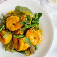 Shrimp Curry · Japanese eggplant, holy basil, turmeric, and coconut cream.