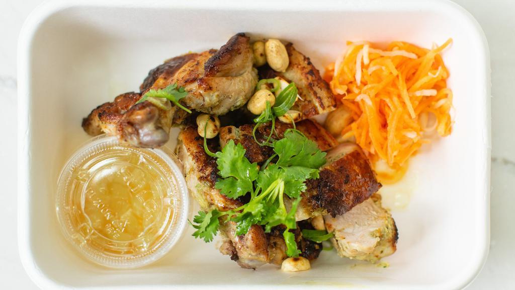 Pan Roasted Chicken (Gf) · Thai lemongrass, Vietnamese pickled daikon, peanuts, cilantro, scallions, and lime nouc mam sauce.
Half chicken.