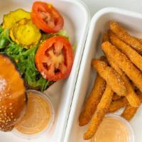 Chicken Burger & Fries  · Asian style fried chicken burger and pickles served on a sesame brioche bun with a side of f...