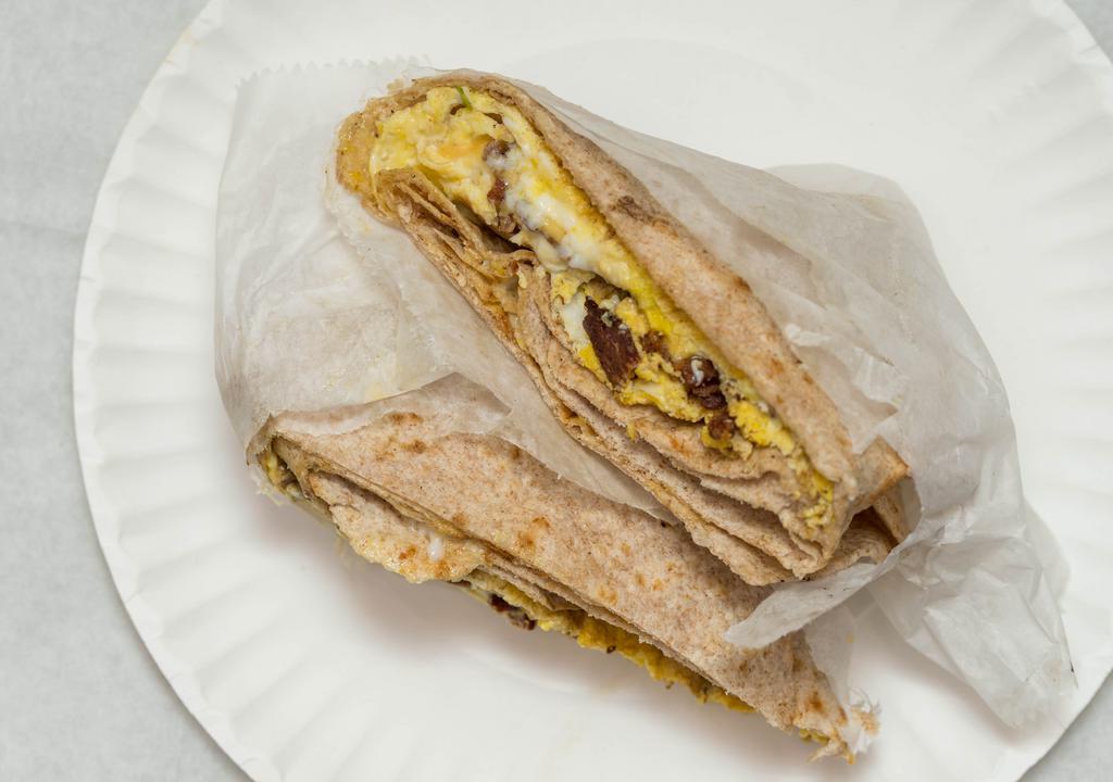 Breakfast Burrito · Bacon, egg and cheese with pico de gallo.
