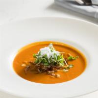 Tomato Basil Bisque · Creamy Tomato Soup, with Crispy Onions, and Shredded Feta.