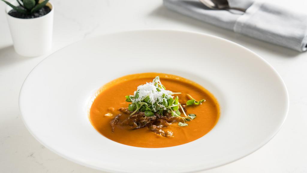 Tomato Basil Bisque · Creamy Tomato Soup, with Crispy Onions, and Shredded Feta.