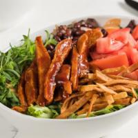 Wester Bbq Chicken Salad · BBQ chicken strips, mixed greens, tomatoes, black bean salsa (red onions and bell peppers), ...