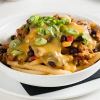Chili Cheese Fries · Topped with Scallions.