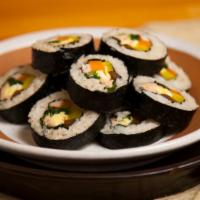 Kimbap · Most popular. Korean style roll, rice, vegetables, and crab stick rolled in dried seaweed pa...