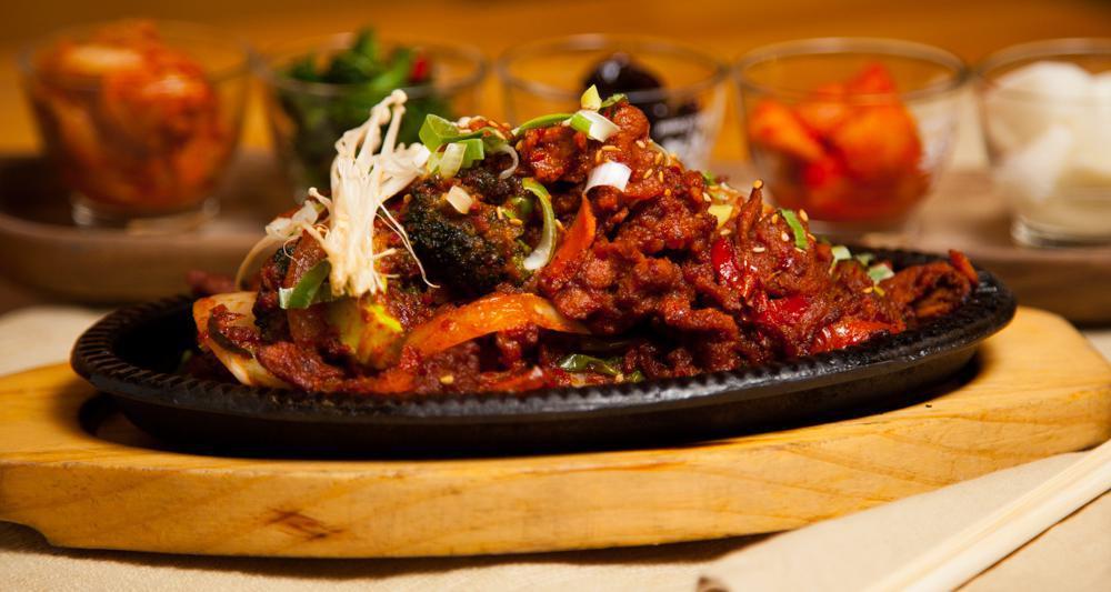 Jeyook Bokum · Spicy. Stir fried vegetables and pork. serve with rice