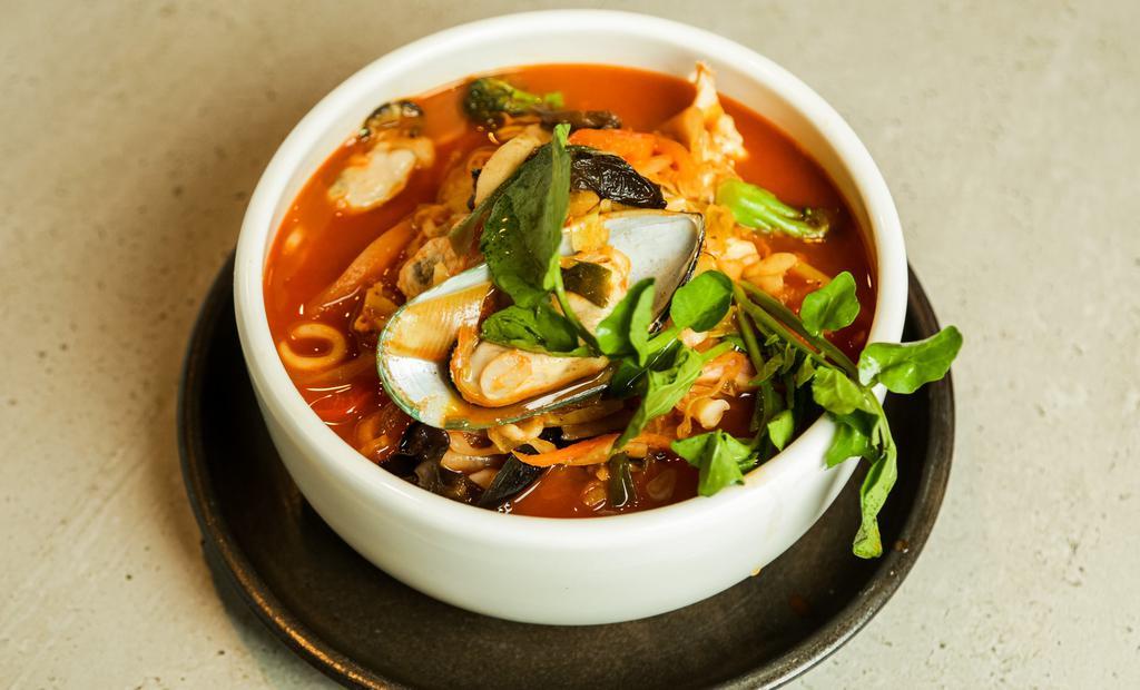 Oyster & Seafood Jjambong · Spicy. Noodle, vegetables and seafood in spicy vegetable broth.