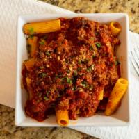 Rigatoni Bolognese · Seasoned ground beef tomato sauce with a touch of cream.