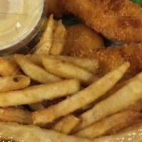 Chicken Tenders With Fries · juicy chicken tenders with fries! served with a side of honey mustard!