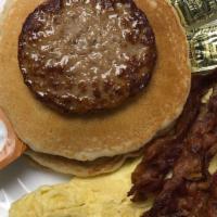 In-N-Out Breakfast · 2 Eggs any style 2 Pancakes Sausage & Bacon and Served With Syrup and Butter
