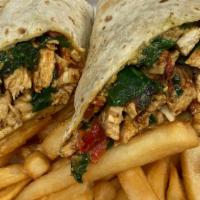 In-N-Out Wrap · Grilled Chicken, Roasted Peppers, Spinach, Pesto Mayo.Comes With French Fries
