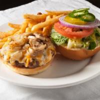 Super Loaded Burger · Same as Affy's burger loaded with mixed cheese, grilled onions, mushrooms and jalapeño.
