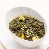 Palak Paneer · Cottage cheese simmered in puréed spinach, ginger, garlic, herbs.