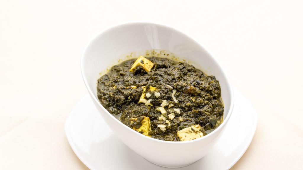 Palak Paneer · Cottage cheese simmered in puréed spinach, ginger, garlic, herbs.