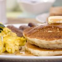 Pancakes, Scrambled Eggs, With Avocado & Toast · Light, airy, fluffy pancakes with fluffy scrambled eggs and creamy sliced avocado. Served wi...