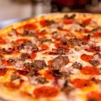Meat Lovers · Sausage, Bacon, Pepperoni and crumbled Meatball with tomato sauce, and mozzarella cheese
