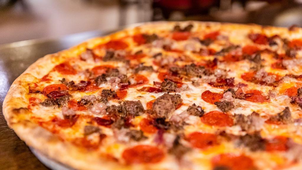 Meat Lovers · Sausage, Bacon, Pepperoni and crumbled Meatball with tomato sauce, and mozzarella cheese