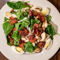 Spinach & Bacon Salad · Fresh spinach , bacon, boiled egg, fresh sliced Mushrooms, Onion, canelini beans, Oil & Vine...