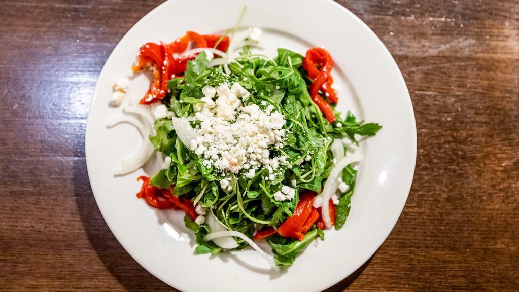 Roasted Peppers & Goat Cheese Salad  · Homemade roasted red and yellow peppers, arugula, red onions and goat cheese in a sweet balsamic vinaigrette