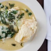 Chicken Spinach · Pan seared chicken breast with sautéed Spinach  and melted mozzarella in white wine sauce