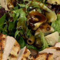 Balsamic Chicken Salad · Mixed greens, tomatoes, Mediterranean olives, artichoke hearts, mozzarella, grilled chicken,...