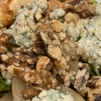 Pear & Gorgonzola Salad · Mesclun greens, white wine poached pears, Gorgonzola cheese, candied walnuts. Sherry wine vi...